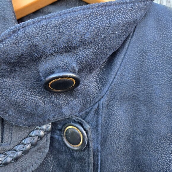 Vintage Black Leather Trench Coat jacket Womens Size L Braided Trim Mid Length - Picture 4 of 14